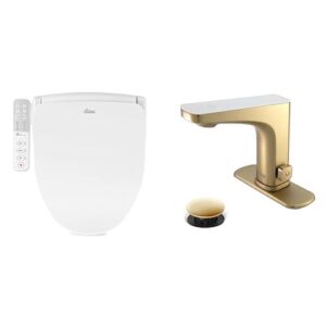 bathroom refresh bundle includes (1) bio bidet by bemis slim one bidet toilet seat, round, white and (2) grove motion activated hands free bathroom faucets in champagne finish