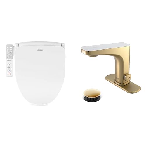 Bathroom Refresh Bundle Includes (1) Bio Bidet by Bemis Slim One Bidet Toilet Seat, Round, White and (2) Grove Motion Activated Hands Free Bathroom Faucets in Champagne Finish