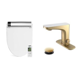 bathroom refresh bundle includes (1) bio bidet bliss bb2000 elongated white bidet toilet seat with unlimited warm water and (2) grove motion activated hands free bathroom faucets in champagne finish