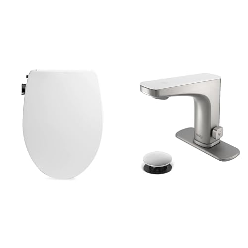 Bathroom Refresh Bundle Includes (1) Bio Bidet by Bemis Slim Zero Bidet Toilet Seat, Elongated, White and (1) Grove Motion Activated Hands Free Bathroom Faucet in Brushed Nickel Finish