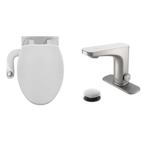 bathroom refresh bundle includes (1) bio bidet by bemis elongated toilet seat, (1) slimedge bidet attachment and (1) grove motion activated hands free bathroom faucet in brushed nickel finish