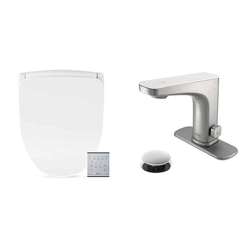 Bathroom Refresh Bundle Includes (1) Bio Bidet Slim Two Smart Bidet Round Toilet Seat and (1) Grove Motion Activated Hands Free Bathroom Faucet in Brushed Nickel Finish