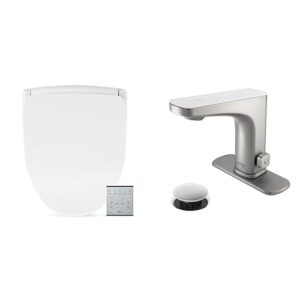 bathroom refresh bundle includes (1) bio bidet slim two smart bidet elongated toilet seat and (1) grove motion activated hands free bathroom faucet in brushed nickel finish