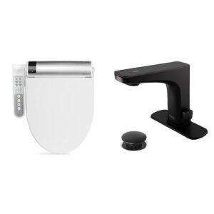 bathroom refresh bundle includes (1) bio bidet bliss bb-1700 round white bidet toilet seat with warm water and (1) grove motion activated hands free bathroom faucet in matte black finish