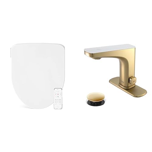 Bathroom Refresh Bundle Includes (1) Bio Bidet by Bemis Slim Three Smart Bidet Toilet Seat, Elongated, White and (2) Grove Motion Activated Hands Free Bathroom Faucets in Champagne Finish