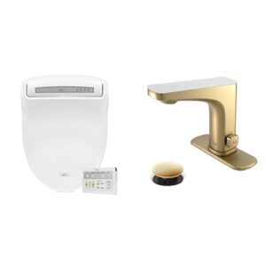 bathroom refresh bundle includes (1) bio bidet bb-1000sw supreme round white bidet toilet seat adjustable warm water and (1) grove motion activated hands free bathroom faucet in champagne finish