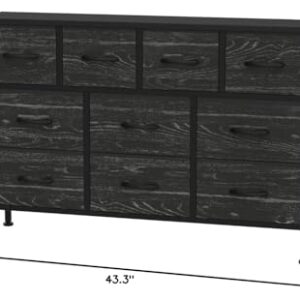 YaFiti Dresser TV Stand with Power Outlet, 43" Long Dresser for Bedroom with 10 Fabric Drawers, Chest of Drawers for Living Room, Hallway (Black Wood Veins)