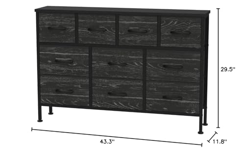 YaFiti Dresser TV Stand with Power Outlet, 43" Long Dresser for Bedroom with 10 Fabric Drawers, Chest of Drawers for Living Room, Hallway (Black Wood Veins)