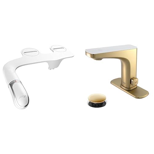 Bathroom Refresh Bundle Includes (1) Bio Bidet by Bemis SlimTwist Simple Bidet Toilet Attachment and (1) Grove Motion Activated Hands Free Bathroom Faucet in Champagne Finish