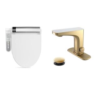 bathroom refresh bundle includes (1) bio bidet bliss bb-1700 round white bidet toilet seat with warm water and (1) grove motion activated hands free bathroom faucet in champagne finish