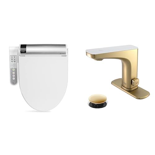 Bathroom Refresh Bundle Includes (1) Bio Bidet Bliss BB-1700 Round White Bidet Toilet Seat with Warm Water and (1) Grove Motion Activated Hands Free Bathroom Faucet in Champagne Finish