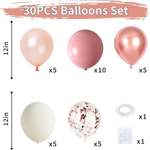 Dagelar Dusty Pink Boho Blush Balloons, Metallic Rose Gold Retro Pink Ivory White Balloons, Nude Cream White Balloons and Confetti Balloons for Bridal Baby Shower Girls Birthday Wedding Decor Supply