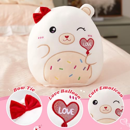 Houwsbaby 12'' White Bear Plush Pillow,Bear Stuffed Animal Holding Love Balloon,Wearing Bow on The Head, for Girls Girlfriend, Babies, Lovers