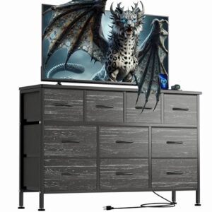 yafiti dresser tv stand with power outlet, 43" long dresser for bedroom with 10 fabric drawers, chest of drawers for living room, hallway (black wood veins)