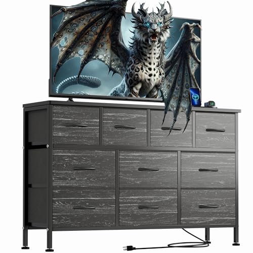 YaFiti Dresser TV Stand with Power Outlet, 43" Long Dresser for Bedroom with 10 Fabric Drawers, Chest of Drawers for Living Room, Hallway (Black Wood Veins)