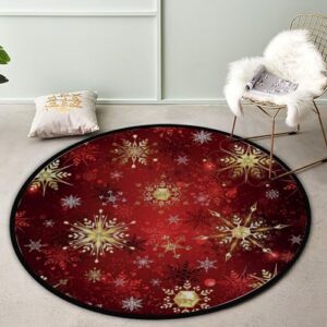 BVOGOS Round Rug 3ft Red Gold Black Christmas Snowflakes Soft Foam Washable Circle Rugs Kids Play Mat Nursery Rug Floor Carpet for Bedroom Living Room Home Decor