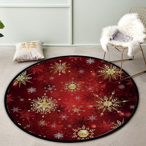 BVOGOS Round Rug 3ft Red Gold Black Christmas Snowflakes Soft Foam Washable Circle Rugs Kids Play Mat Nursery Rug Floor Carpet for Bedroom Living Room Home Decor