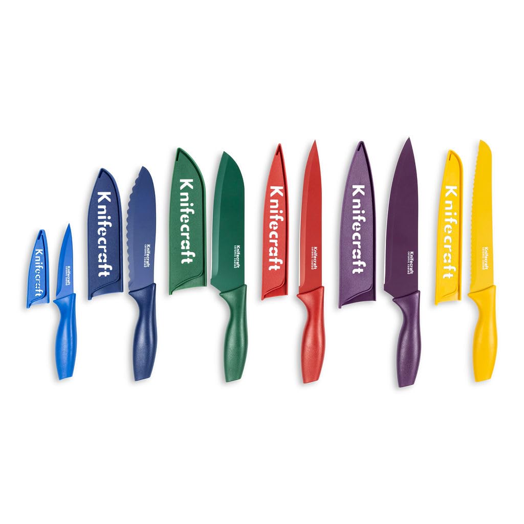 Knifecraft 12-Piece Color Coded Kitchen Knife Set, Non-Stick Ceramic Coated Stainless Steel with 6 Blade Guards, Dishwasher Safe, Perfect for Gifting