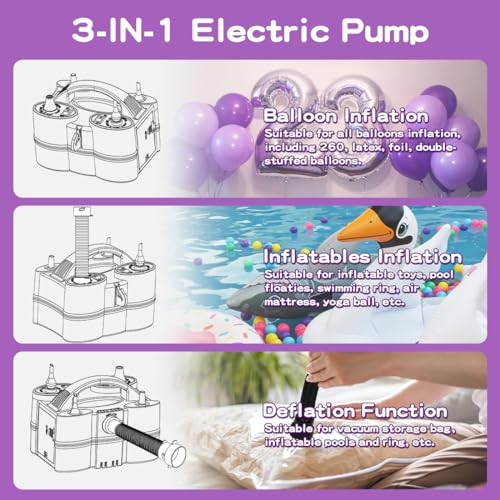 Keaibuding Balloon Pump Electric 3-in-1 Portable Air Pump for Inflatables and Balloons, Fast Inflation for 260q Foil Mylar Latex Double-Stuffed Balloons, Inflator Deflator for Pool Floats Air Bed