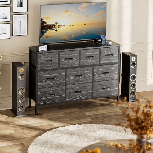 YaFiti Dresser TV Stand with Power Outlet, 43" Long Dresser for Bedroom with 10 Fabric Drawers, Chest of Drawers for Living Room, Hallway (Black Wood Veins)