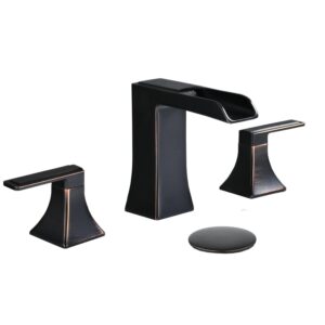 kelelife widespread bathroom faucet 3 hole 8 inch oil rubbed bronze farmhouse waterfall pop up drain stopper assembly with overflow and lead-free two handle bath lavatory sink mixer tap