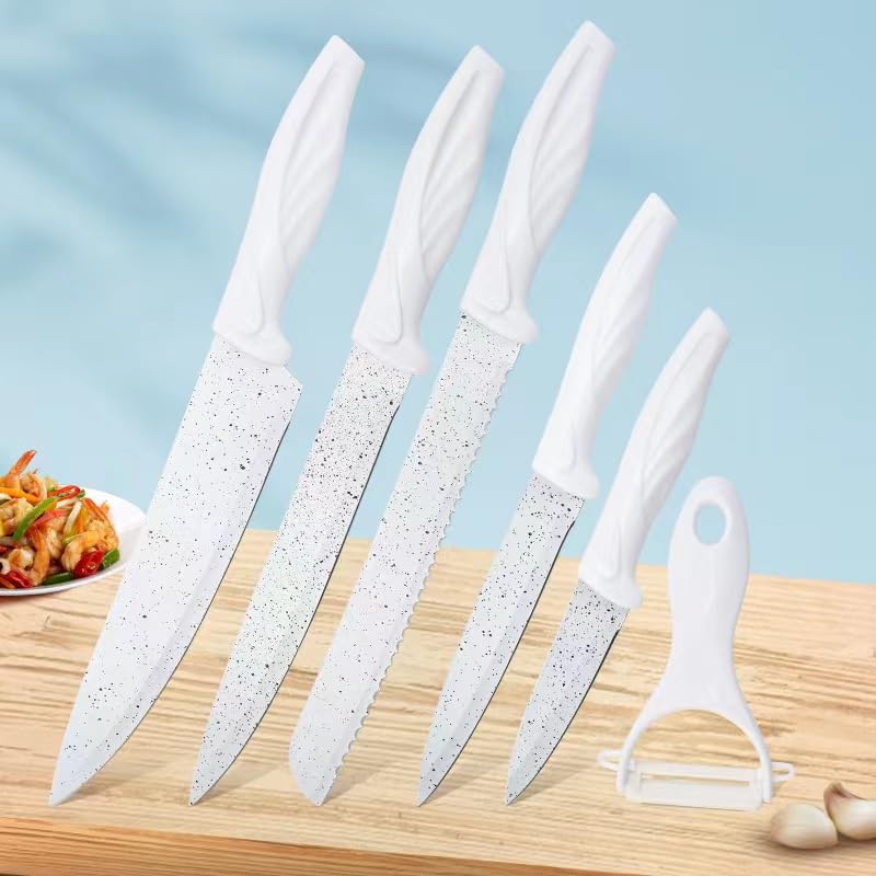 BRILENS Knife Set of 6, Ultra Sharp Stainless Steel Blades, Kitchen Knife Set with Nonstick Granite Coating and Easy-Grip Handle, Dishwasher-safe, White