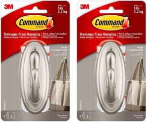 command large traditional plastic hook, brushed nickel, 1-hook, 2-strips, organize damage-free (pack of 2)