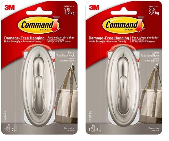 Command Large Traditional Plastic Hook, Brushed Nickel, 1-Hook, 2-Strips, Organize Damage-Free (Pack of 2)