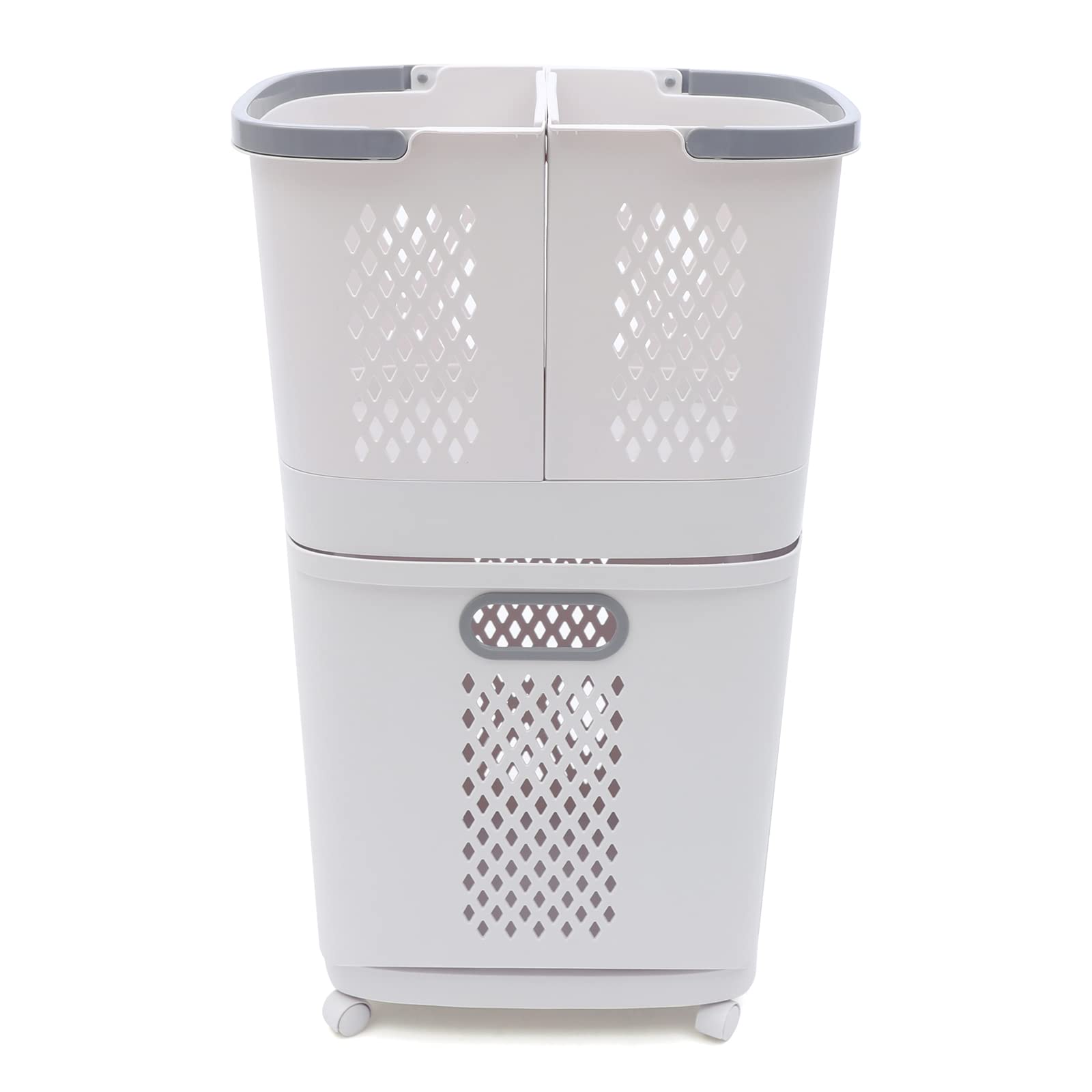 Headery 2 Layer 3 Movable Household Laundry Baskets, PP Laundry Hamper with Universal Wheels, Large Floor-standing Clothes Storage Dirty Clothes Basket with Thickened Handles(White)