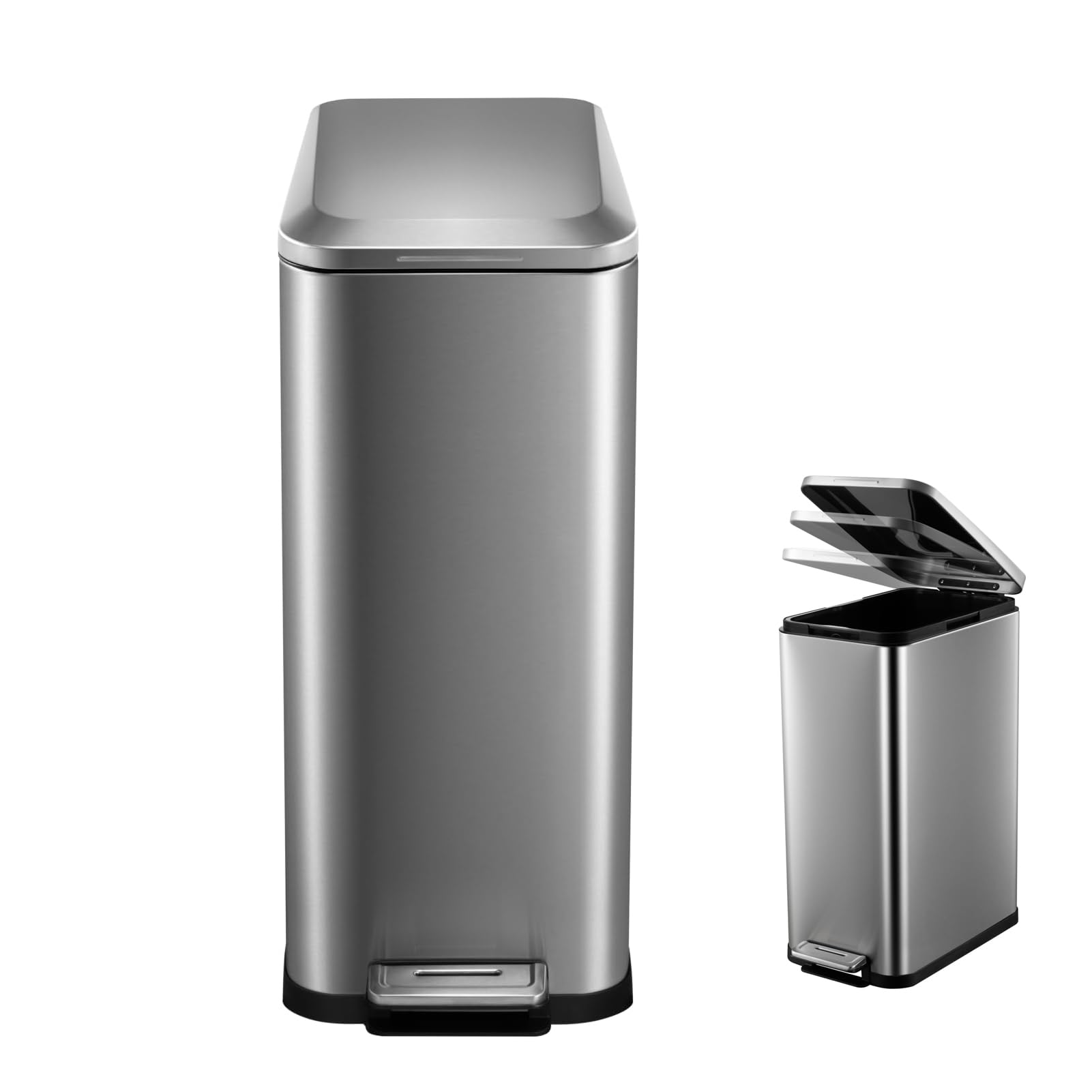 50L/13Gal Kitchen Trash Can,Stainless Steel Garbage Can with Single Compartment Steel Pedal, Lid and Inner Buckets,Hands-Free Fingerprint-Resistant Soft Close Lid Trashcan, Slim Rectangular