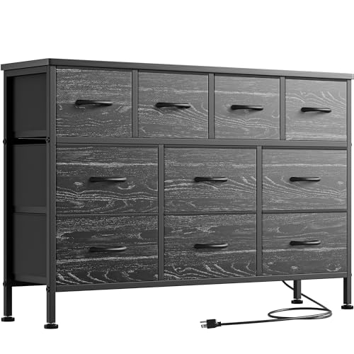 YaFiti Dresser TV Stand with Power Outlet, 43" Long Dresser for Bedroom with 10 Fabric Drawers, Chest of Drawers for Living Room, Hallway (Black Wood Veins)