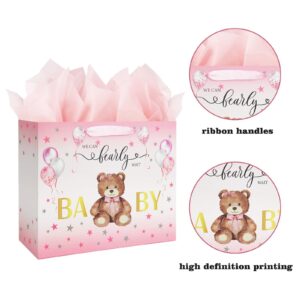 13" Large Baby Shower Birthday Gift Bag for Girl with Tissue Papers and Card Pink Balloons Bear Design with Handles