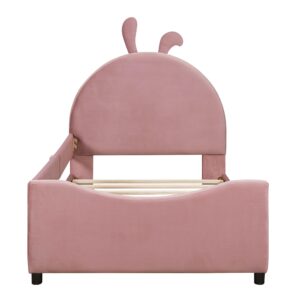 Twin Size Upholstered Daybed Bed Frame for Boys Girls Kids Toddler with Rabbit Ear Shaped Headboard, Pink