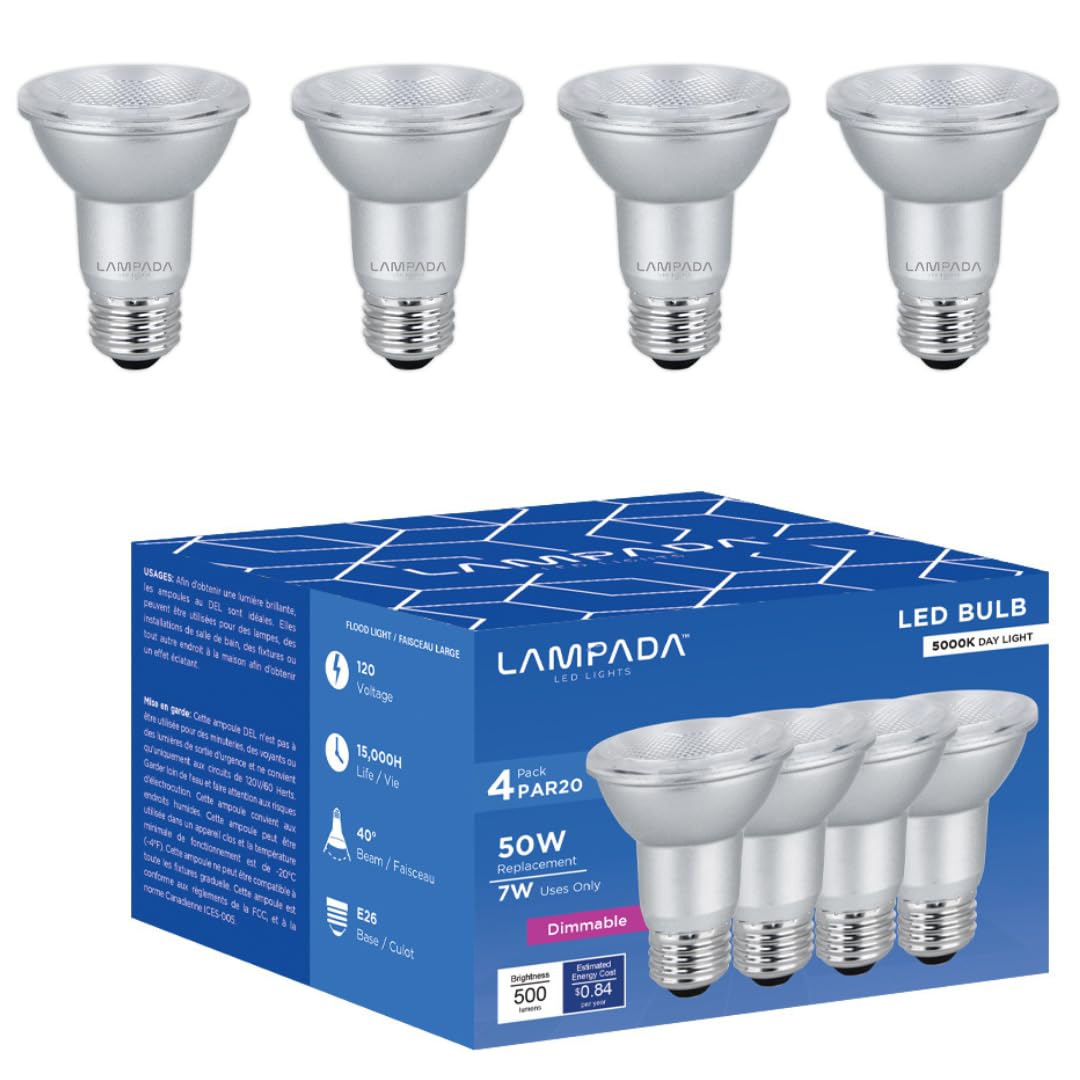 LAMPADA PAR 20 5000k LED Dimmable Flood Light Bulb Dimmable Bulbs for Recessed and Track Lighting Bulbs E26 Medium Base 50W Halogen Equivalent, 500 Lumens, 5000K Daylight White Pack of 4