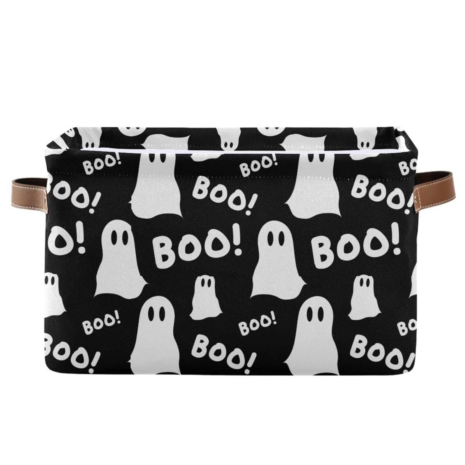 Halloween Boo Ghosts Storage Basket Collapsible Storage Bins Cubes Box Toy Chest Fabric Clothes Hamper Gift Baskets for Shelves Nursery Shoes Home Office with Leather Handles