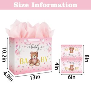 13" Large Baby Shower Birthday Gift Bag for Girl with Tissue Papers and Card Pink Balloons Bear Design with Handles