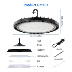 5 Pack LED High Bay Light 5000K 200W UFO High Bay Lights 21,000LM with US Plug Commercial Bay Lighting for Barn Garage Warehouse Car Wash Shop UFO Lights Hanging Chain