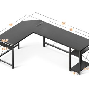 Coleshome L Shaped Computer Desk 66" with Power Outlet & Storage Shelves, Corner Sturdy Writing Desk Workstation, Modern Wooden Office Gaming Desk, Wood & Metal, Black