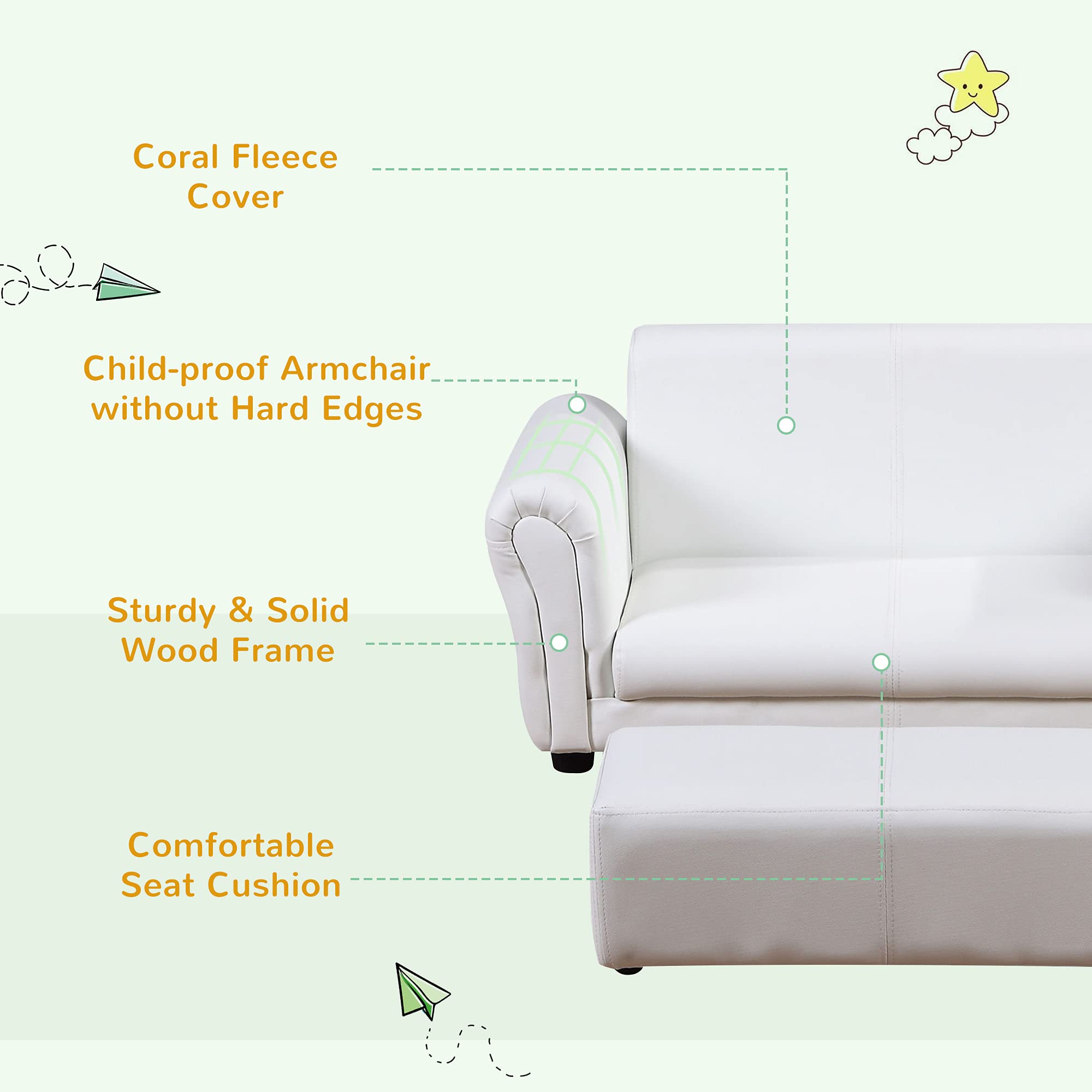 Qaba Kids Sofa with Footstool for Children, Toddler Couch for Playroom, Nursery, Living Room, Bedroom Furniture, White