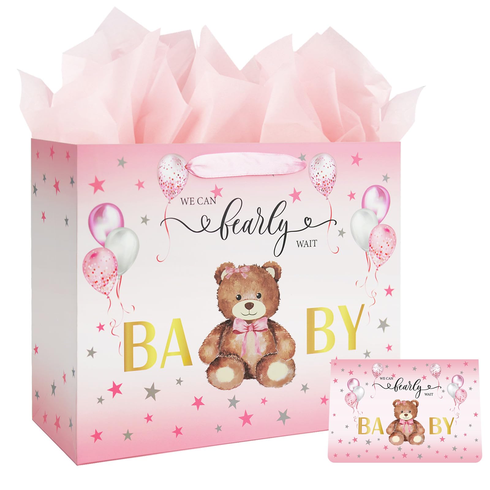 13" Large Baby Shower Birthday Gift Bag for Girl with Tissue Papers and Card Pink Balloons Bear Design with Handles