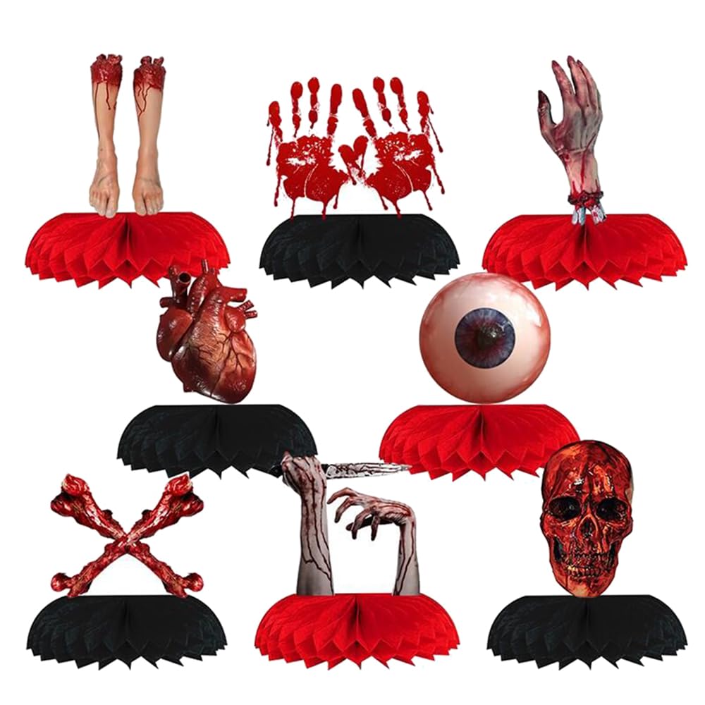 Dulousia Halloween Bloody Table Centerpieces - 8pcs 3D Spooky Broken Body Parts Honeycomb Table Decorations, Scary Bloody Corpse Halloween Table Toppers Home Office Haunted House Prank Ornament