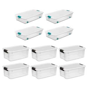 sterilite 4 set of 56-quart wheeled storage bin & 6 set of 18-quart plastic storage container w/latching lid and clear base for home organization