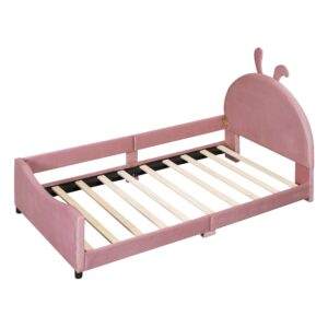 Twin Size Upholstered Daybed Bed Frame for Boys Girls Kids Toddler with Rabbit Ear Shaped Headboard, Pink