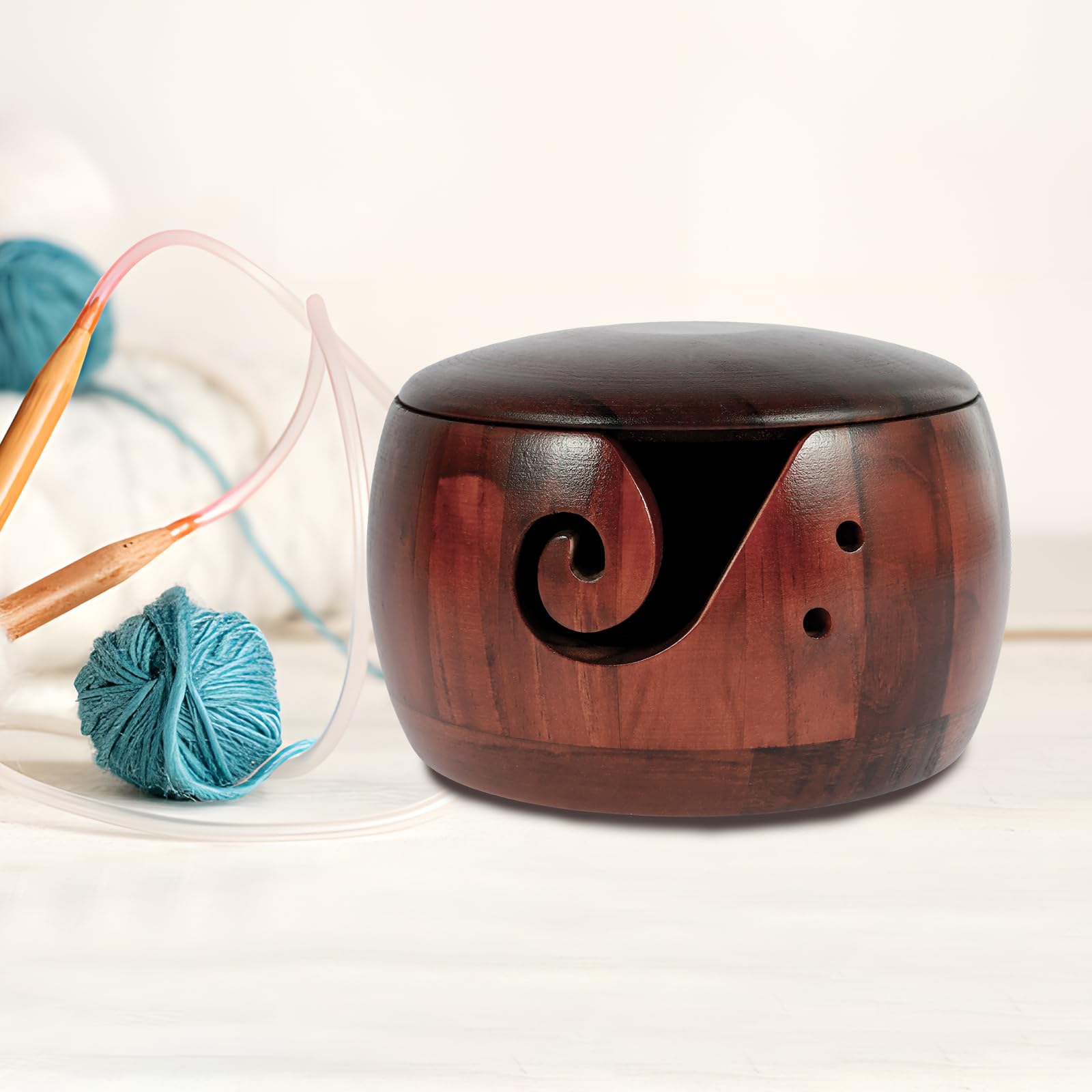 Wooden Yarn Bowl Round Crochet Bowl Holder with Holes Pine Knitting Yarn Bowls Wooden Weaving Thread Bowl with Lid Portable Yarn Storage Bowl for DIY Knitting Crafts 5.9x5.9x3inch(Dark with lid)