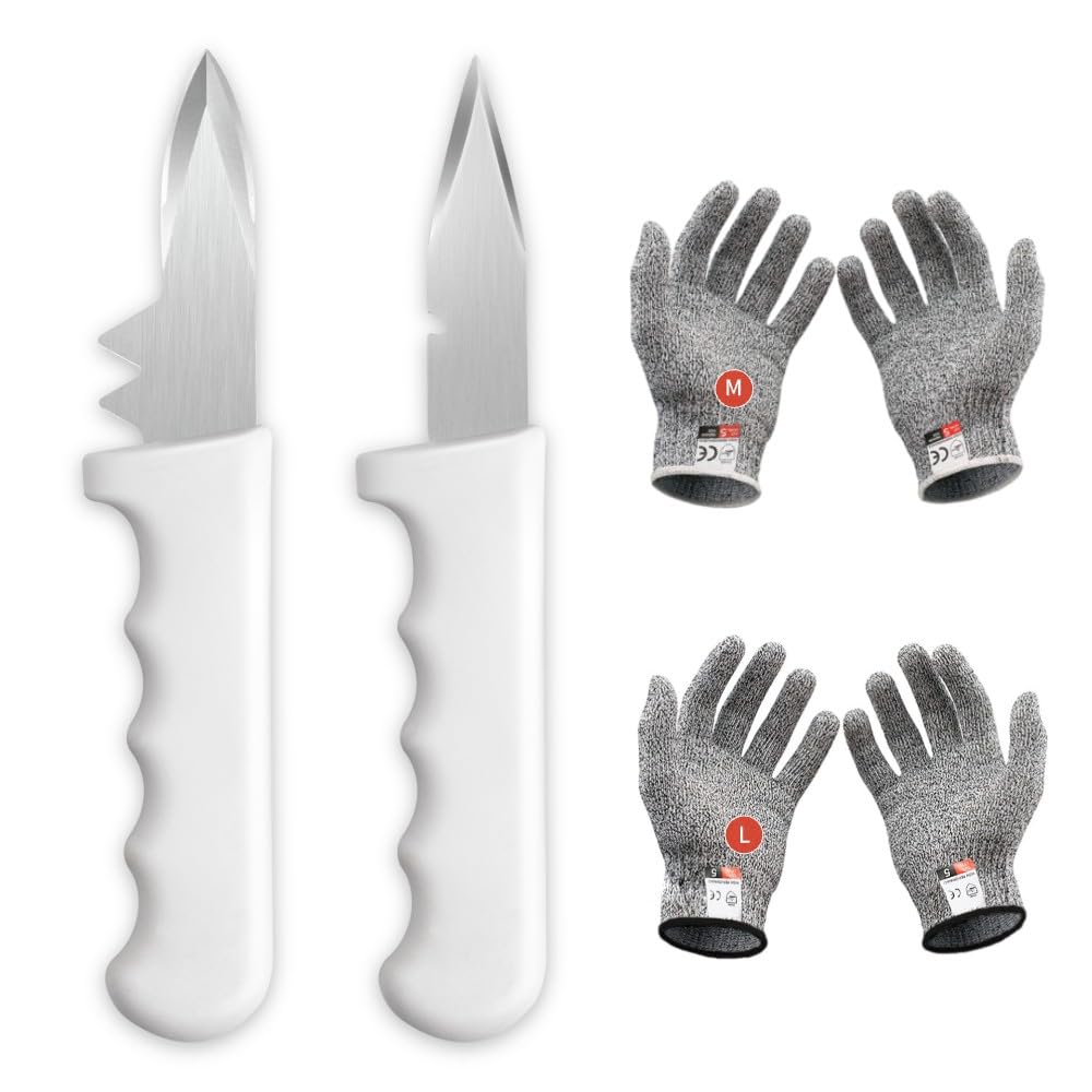 ADORAMBLING 2PCS Oyster Shucking Knife + 4PCS A5 Cut-Resistant Gloves(2M+2L),8" Oyster Knife With Extended Ergonomic Handle,Stainless Steel Oyster Shucker Tool Oyster Opener Tool Oyster Shucking Kit