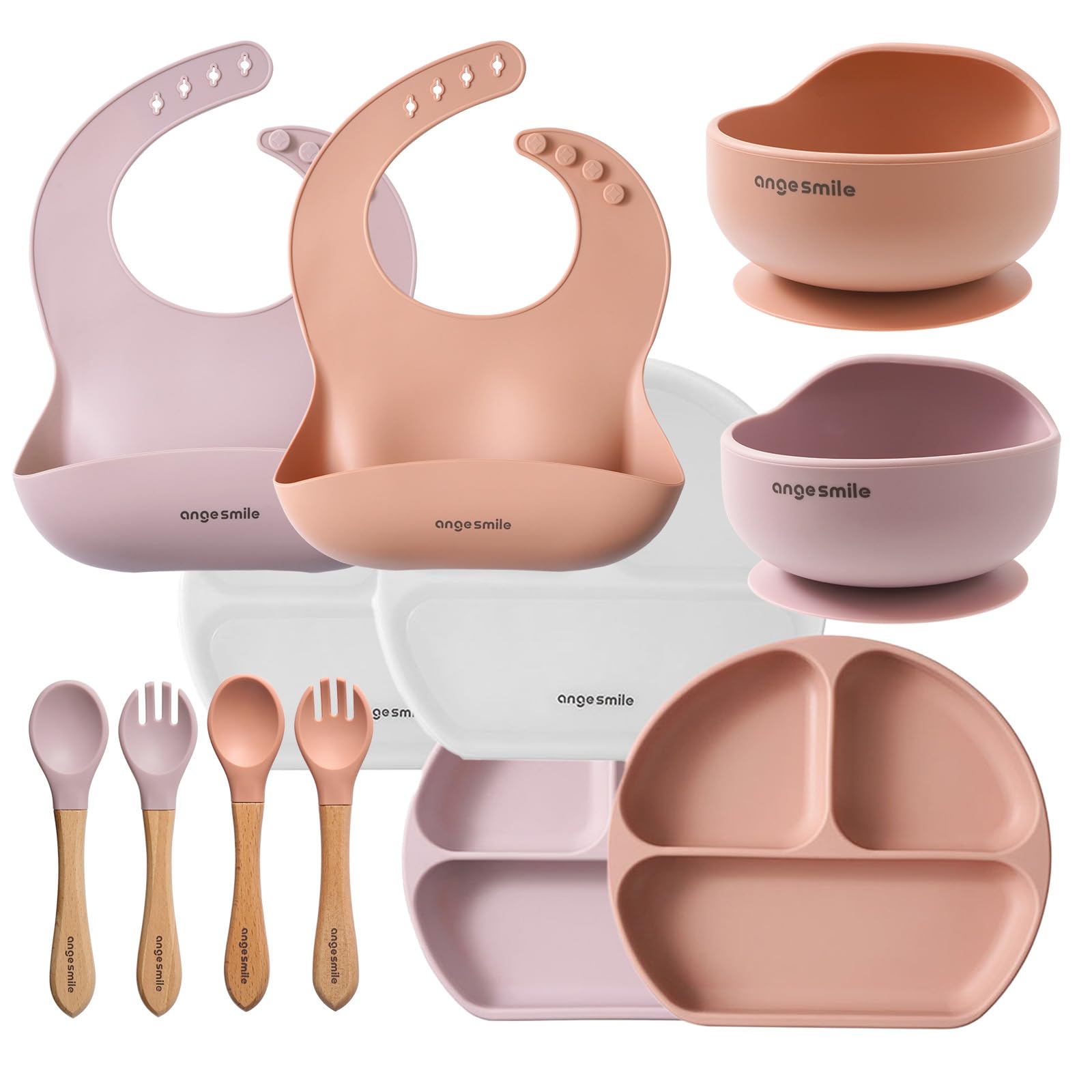 Baby Feeding Essentials Silicone Ange Smile 12 Set Bib, Baby Bowl, Suction Plate, Spoon, Fork Eating Utensils for 6+ Months Kids Toddler Kawaii Pink Peach