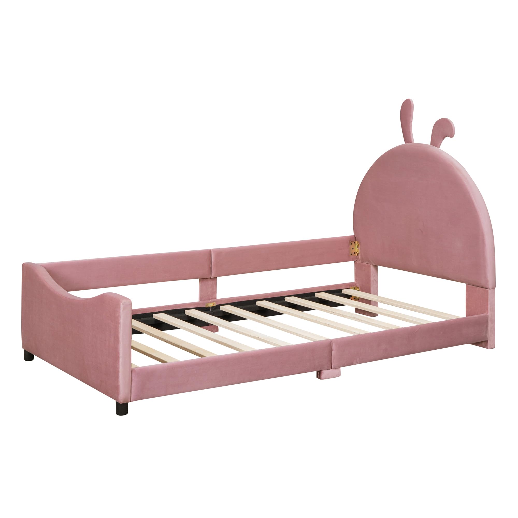 Twin Size Upholstered Daybed Bed Frame for Boys Girls Kids Toddler with Rabbit Ear Shaped Headboard, Pink