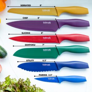 Knifecraft 12-Piece Color Coded Kitchen Knife Set, Non-Stick Ceramic Coated Stainless Steel with 6 Blade Guards, Dishwasher Safe, Perfect for Gifting