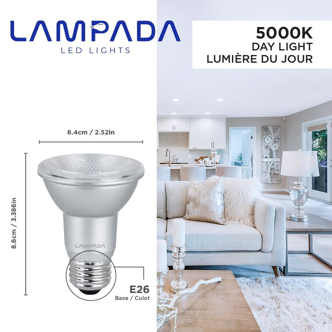 LAMPADA PAR 20 5000k LED Dimmable Flood Light Bulb Dimmable Bulbs for Recessed and Track Lighting Bulbs E26 Medium Base 50W Halogen Equivalent, 500 Lumens, 5000K Daylight White Pack of 4