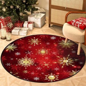 BVOGOS Round Rug 3ft Red Gold Black Christmas Snowflakes Soft Foam Washable Circle Rugs Kids Play Mat Nursery Rug Floor Carpet for Bedroom Living Room Home Decor